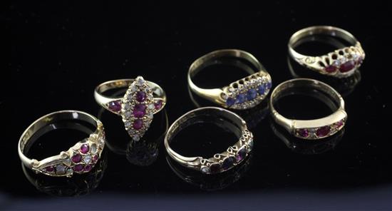 Six late 19th/early 20th century gem set dress rings, various sizes.